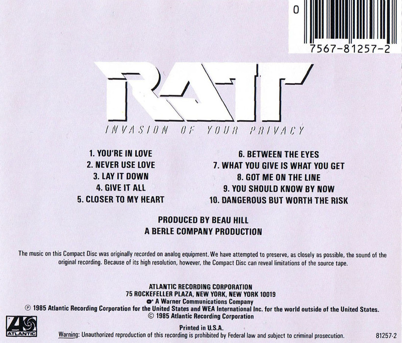 RATT Invasion Of Your Privacy バンドスコア RATT Invasion of your Privacy Heavy Glam Metal Album Cover