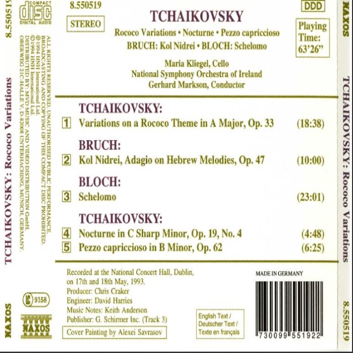 Tchaikovsky: Rococo Variations / Bruch: Kol Nidrei / Bloch: Schelomo cover